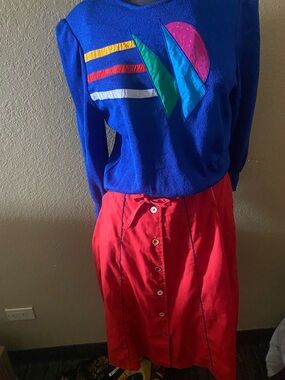 Vintage Colorblock Blue Sweater with Geometric Appliqué and skirt all vintage